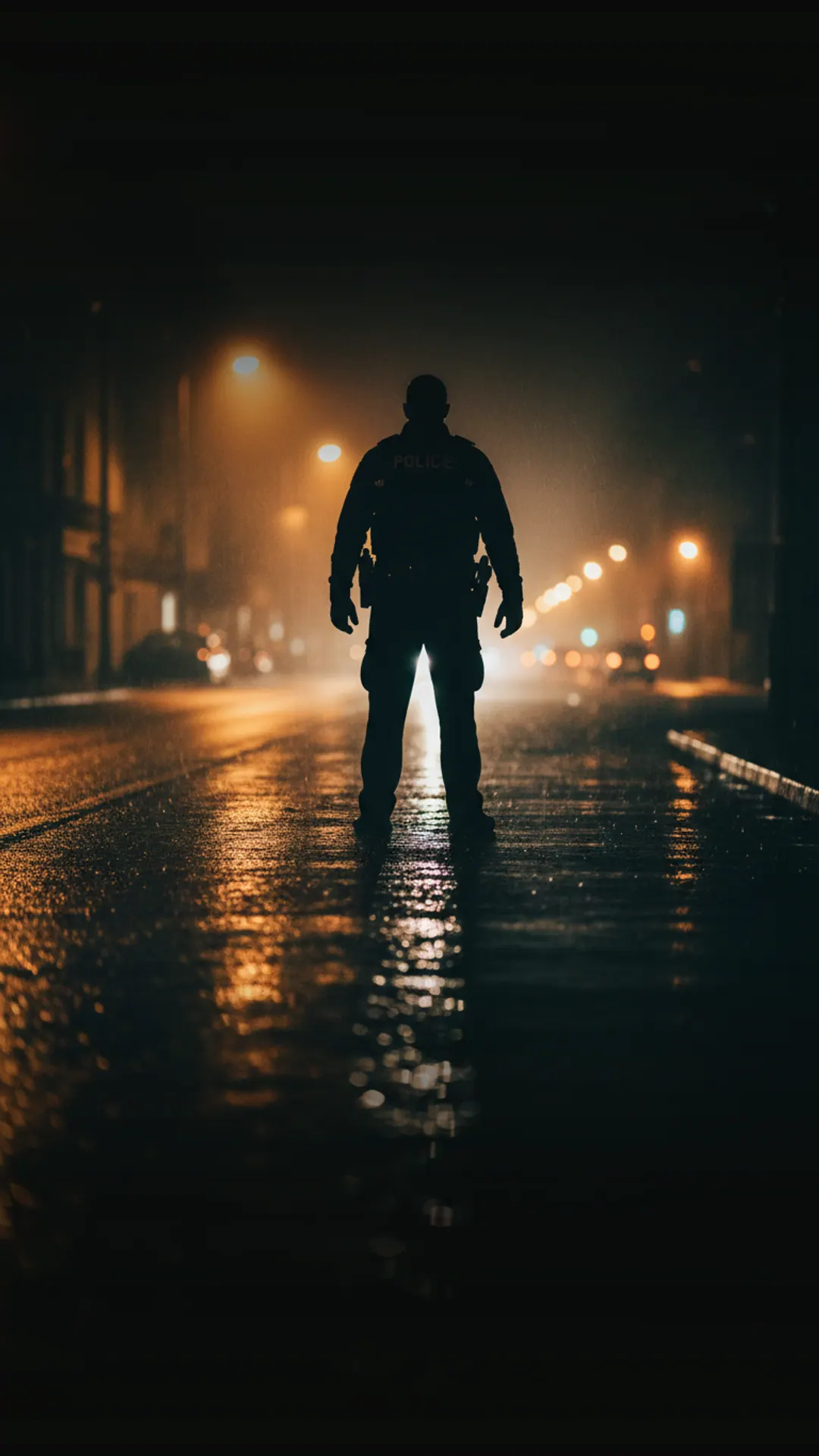 Policial em patrulha noturna sob chuva fina