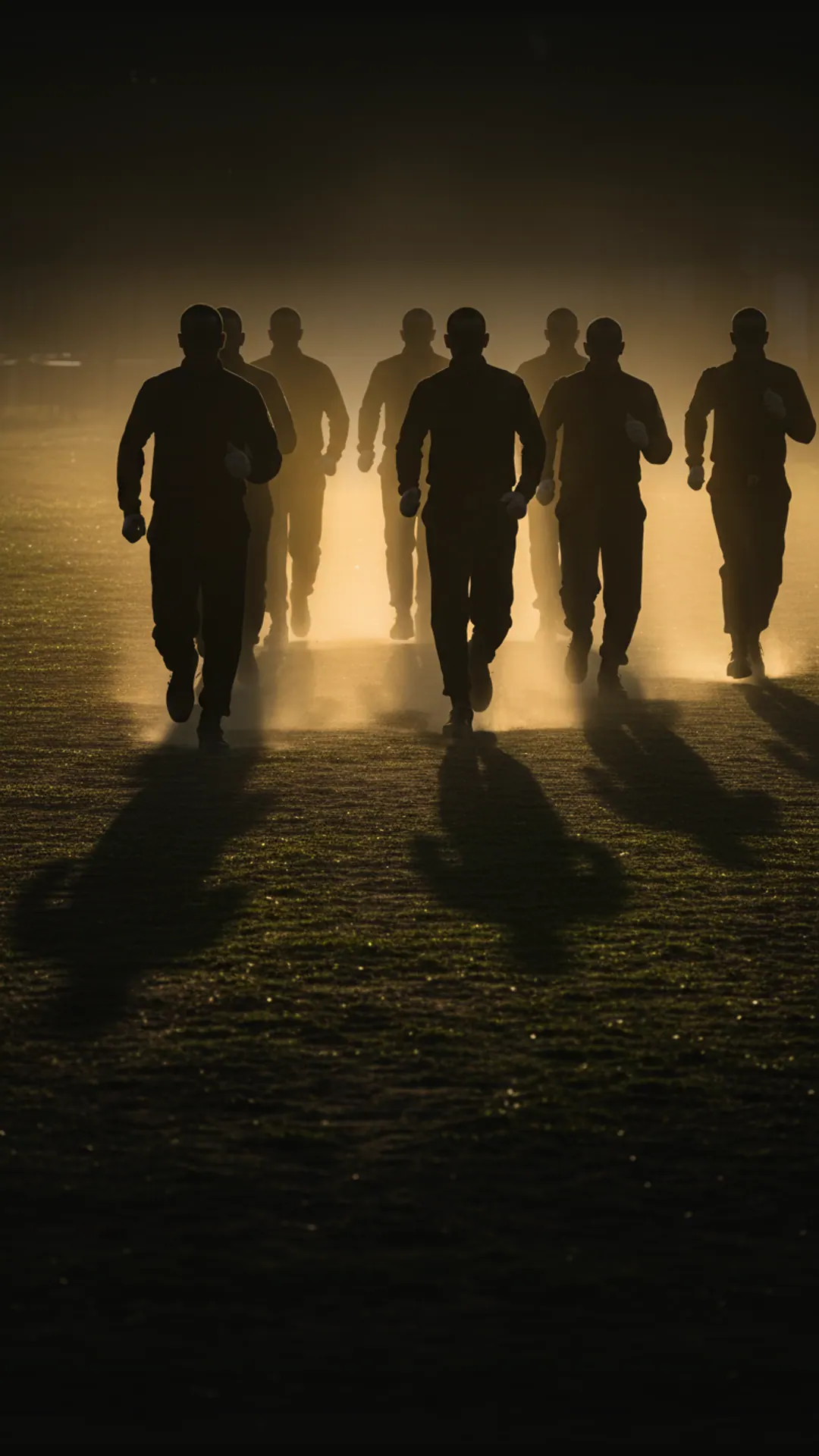Recrutas em treinamento físico ao nascer do sol